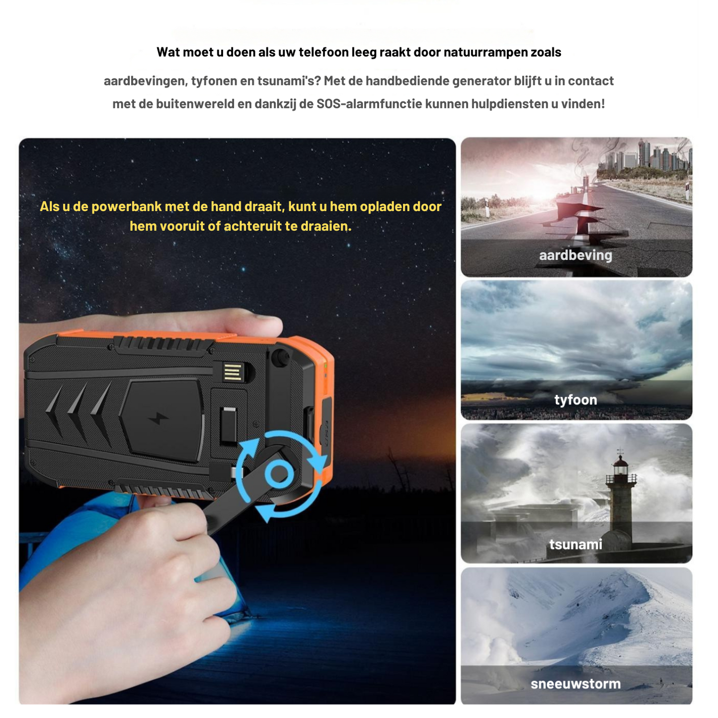 SurvivorCharge 40.000mAh Noodpowerbank – Waterdicht & Schokbestendig | Met Zonne-energie, Handzwengel én Draadloos Opladen | 4 USB-poorten + SOS-functie