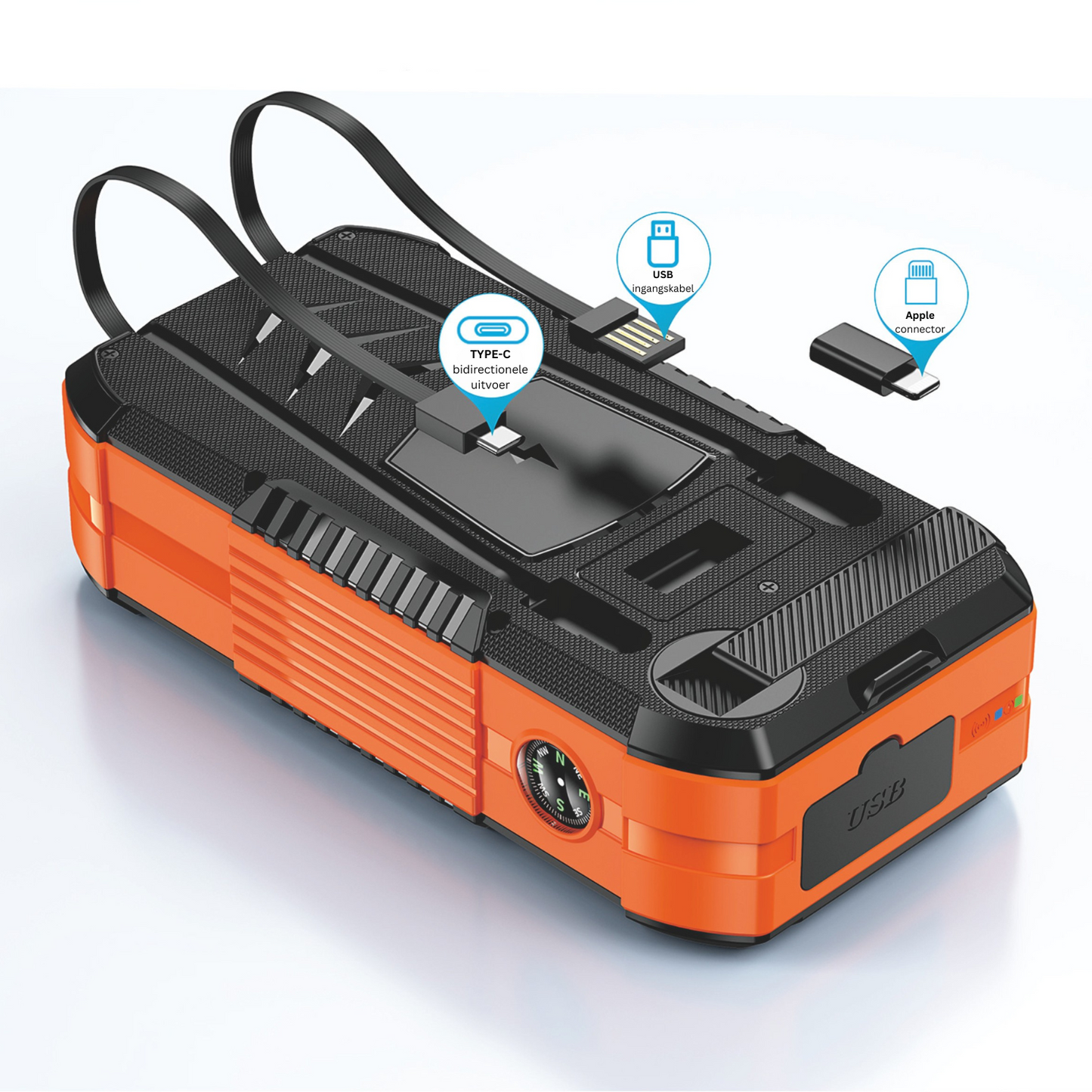 SurvivorCharge 40.000mAh Noodpowerbank – Waterdicht & Schokbestendig | Met Zonne-energie, Handzwengel én Draadloos Opladen | 4 USB-poorten + SOS-functie