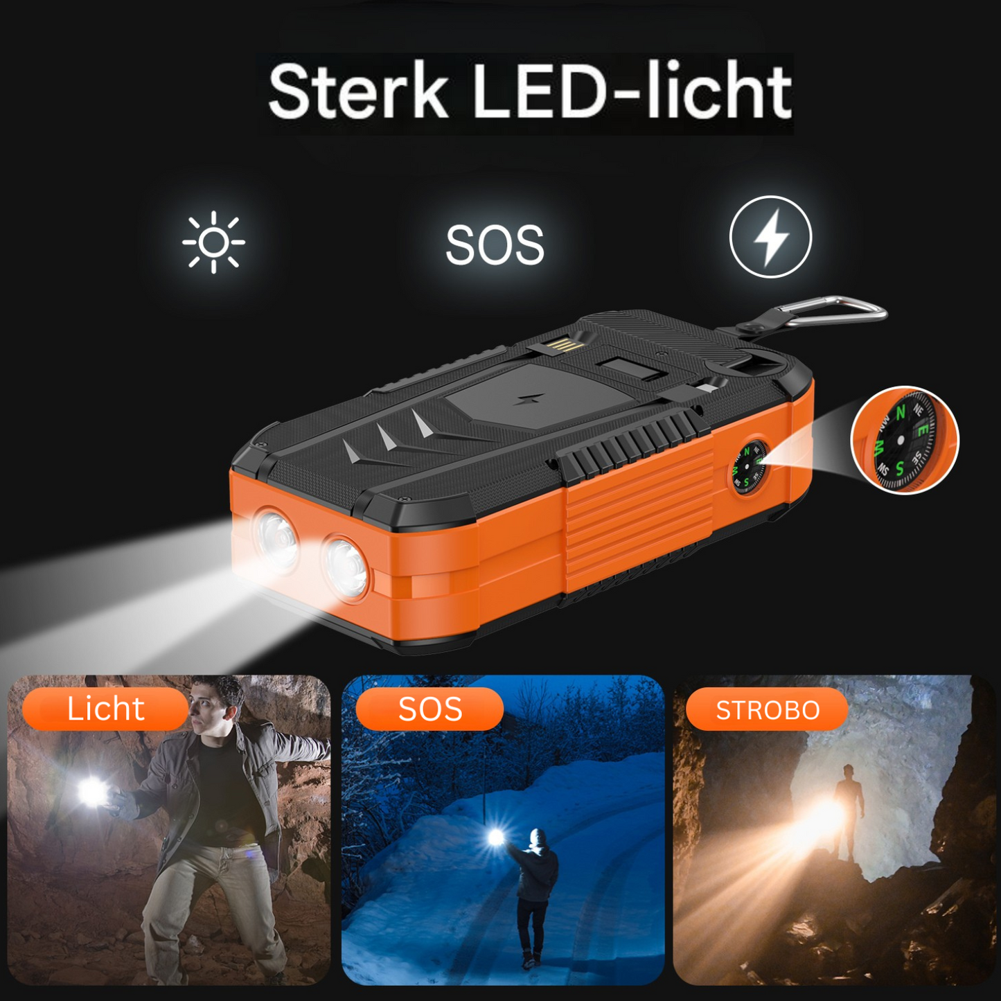 SurvivorCharge 40.000mAh Noodpowerbank – Waterdicht & Schokbestendig | Met Zonne-energie, Handzwengel én Draadloos Opladen | 4 USB-poorten + SOS-functie