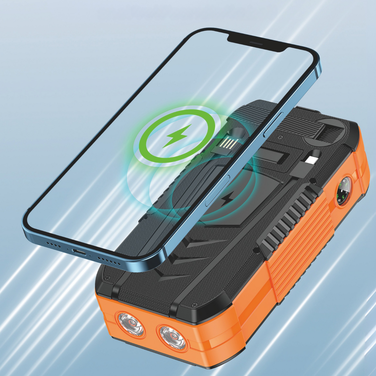 SurvivorCharge 40.000mAh Noodpowerbank – Waterdicht & Schokbestendig | Met Zonne-energie, Handzwengel én Draadloos Opladen | 4 USB-poorten + SOS-functie