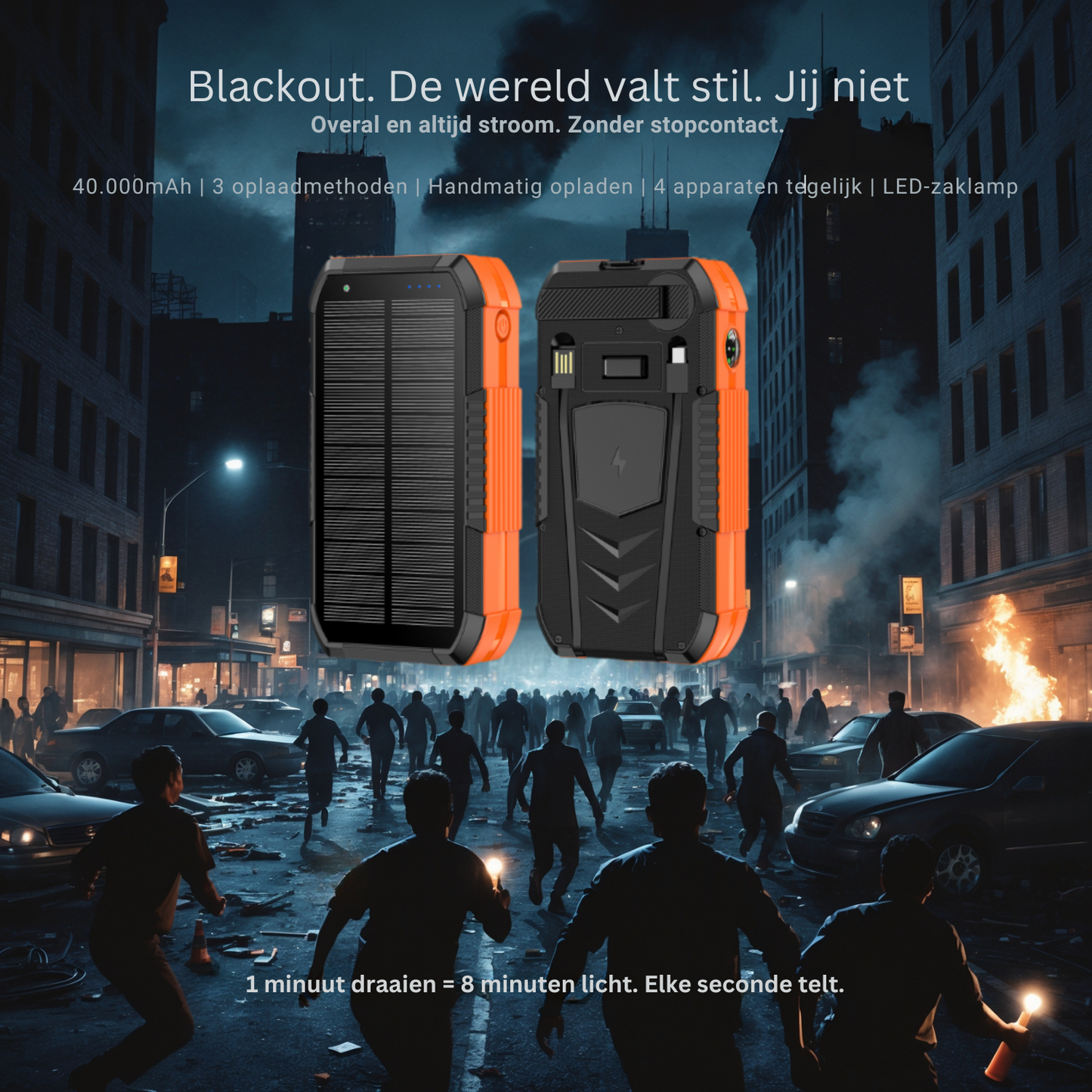 SurvivorCharge 40.000mAh Noodpowerbank – Waterdicht & Schokbestendig | Met Zonne-energie, Handzwengel én Draadloos Opladen | 4 USB-poorten + SOS-functie